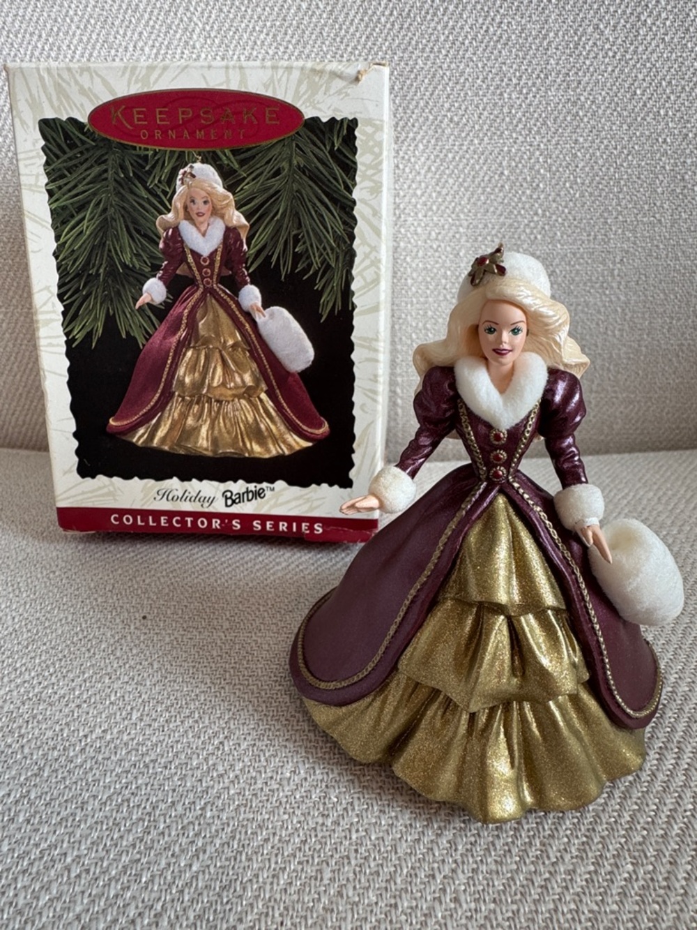 1996 Hallmark Keepsake Holiday Barbie Ornament - Burgundy & Gold with White Trim